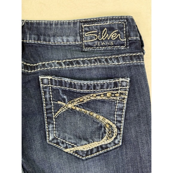 Silver Jeans Womens 28 Blue Dark Wash Low Rise Lola Flare Distressed Stretch - Picture 7 of 11
